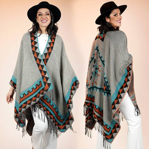 Southwest Western Aztec Border Ruana Wrap Shawl Gray