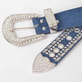 Rhinestone & Metal Studded Elastic Belt in Light Blue