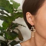 Dangle Cross Outlined Earrings Gold Tone