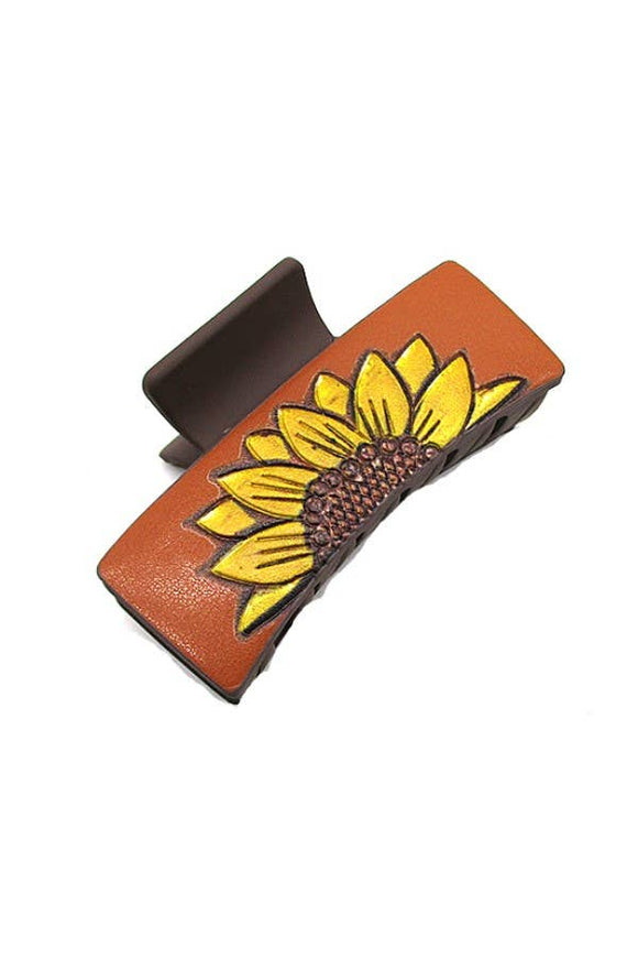 Western Design Hair Claw Clip Vegan Tooled Leather Sunflower