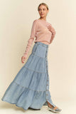 Denim Button-Front Ruffle Hem Maxi Skirt