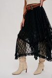 Boho Floral Lace Tier Midi Skirt Black