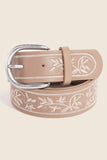 Floral Embroidered Pattern Vegan Leather Belt Khaki