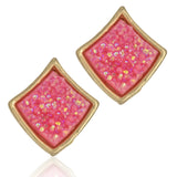 Druzy Stone Square Diamond Shape Stud Earrings Hot Pink