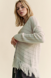 Fringed Textured Stripe Button Front Knit Cardigan Silver Grey