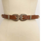 Double Buckle Vegan Leather Western Style Belt Camel Brown