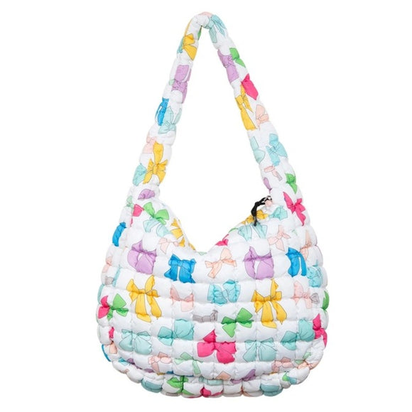 Multicolored Bows Oversized Slouchy Quilted Puffer Puffy Hobo Tote Bag
