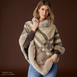 Abby Faux Fur Trim Stripe Poncho Tan