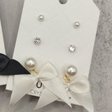 3 Pack Pearl White Bow and Stud Earrings Set