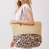 Woven Straw & Leopard Print Tote Bag in Beige