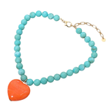 Chunky Bead Heart Pendant Necklace in Turquoise and Orange