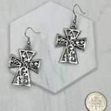 Silver Tone Cross Scroll Dangle Earrings