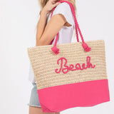 Crochet & Color-Sewn Rope Beach Tote Bag in Hot Pink