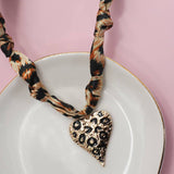 Leopard Knotted Scarf Layering Necklace with Leopard Heart Charm