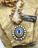Boho Jasper Concho Statement Necklace | Aurora Borealis Crystal & 14kt Gold-Plated
