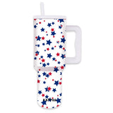 Patriotic Red White Blue Star Printed Stainless Steel Tumbler 38 oz with Handle