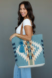 Light Blue, Cream & Tan Western Woven Cotton Tote Bag | Boho Pom Tassel Tote