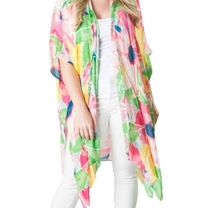 Kari Printed Lightweight Kimono Wrap Shawl Pink Green Yellow Pineapple Blossoms