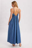 Denim Open Back Maxi Dress - Sleeveless Tent Dress with Pockets