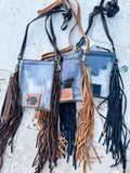Shayne Clear Stadium Bag - Hand Tooled Leather Fringe Crossbody Concert Bag Black