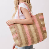 Natural Brown Multicolor Stripe Paper Straw Tote Bag in Pink