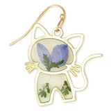 Curious Kitty Gold Cat Earrings | Blue Dried Flower Drop Earrings