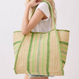 Natural Paper Straw Tote Bag with Multicolor Stripes in Green