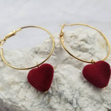 Red Pom Pom Heart Hoop Earrings