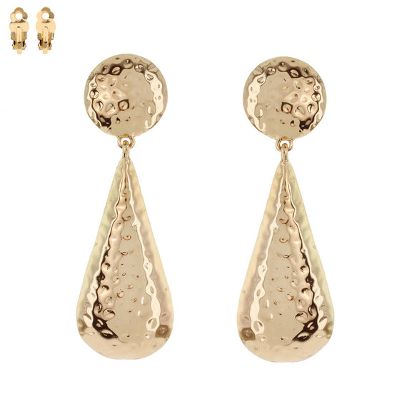 2 Tier Teardrop Shaped Hammered Metal Clip On Earrings Gold