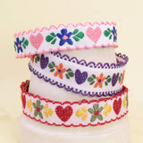 White Floral Embroidered Pull Bracelet – Heart & Flower Design Red