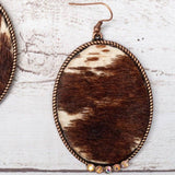 Feelin' Ranchy Brown White Cowhide Oval Copper Earrings With Iridescent Crystals