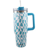 Aqua Checkered Insulated Stainless Steel Tumbler 40 oz with Handle