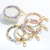 Red & White Chinoiserie Porcelain Flower Beaded Bangle Bracelet Key Ring