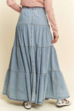 Denim Button-Front Ruffle Hem Maxi Skirt