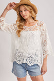 Boho Sheer Crochet Top - 3/4 Sleeve Lace Blouse Ivory