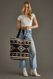 Western Boho Aztec Woven Cotton Shopper Tote Black Taupe Cream Brown Pom Tassel