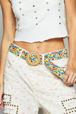 Floral Embroidered Circle Buckle Belt – Cream & Yellow Raffia
