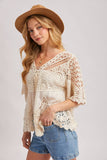 Boho Sheer Crochet Lace Top with Tassels - Natural