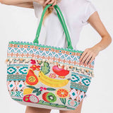 Fruit Boho Print Pom Pom Fringe Tote Bag in Multi
