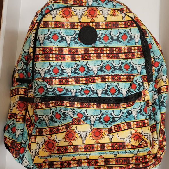 Montana West Bull Skull Aztec Stripe Western Printed Nylon Backpack Multicolors