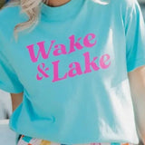Wake and Lake Graphic Cotton Tee Lagoon Blue and Hot Pink