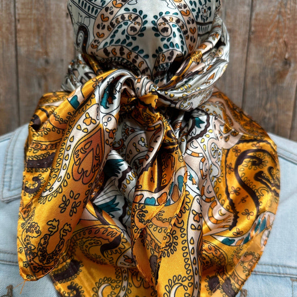 Golden Yellow Green Brown Paisley Printed Western Southwestern Wild Rag Scarf Accent