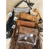 Hand Tooled Leather Clear Purse Crossbody Concert Game Day Stadium Brown and Tan