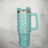 Mint Silver Metallic Leopard 40 oz Stainless Steel Tumbler Cup with Handle