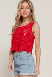 Sleeveless Round Neck Cotton Crochet Crop Tank Top Red