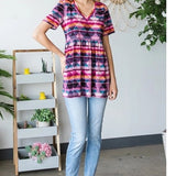 Multicolor Aztec Short Sleeve V-neck Top