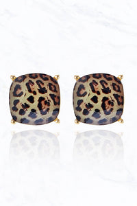 12mm Cushion Cut Post Stud Earrings Leopard Print