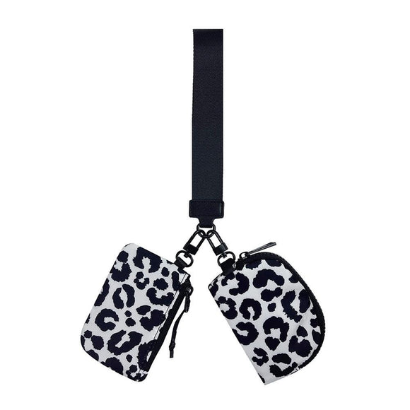 Dual Pouch Wallets Wristlet Keychain Black and White Leopard