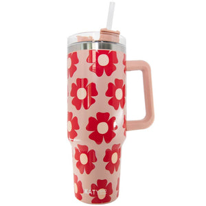 Flower Power Printed Stainless Steel Tumbler 40 oz with Handle Peach Pink