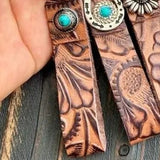 Brown Tooled Leather Keychains Bag Charm Style 1 Accent Silver Round Turquoise